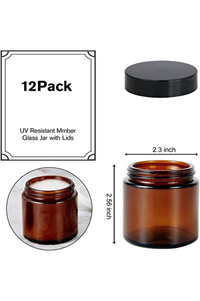 FUFU 12 Pack Amber Round Glass Pot Jars, 100g Empty Jars with Lids - Refillable Cosmetic Travel Cont