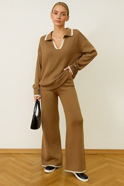 Fua Shop Γυναικείο Σετ Πλεκτό Πουκάμισο με Γιακά Πουλόβερ-Παντελόνι