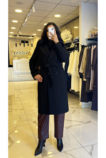 Vosse Ekol Siyah Yakası Kürklü Beli Kuşaklı Kaban