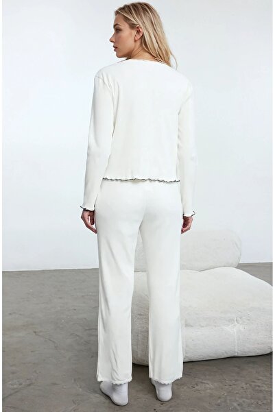 CARLA MARA Corded Fabric Knitted Pajama Sets with Cotton Lace and Bow Detail