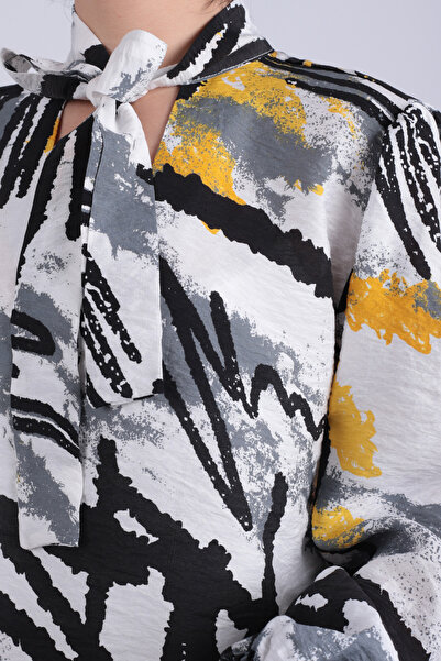 armonika Women's Yellow Tie-Collar Elastic Sleeve Blouse Arm-25K001096