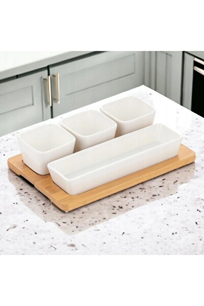 Florentyna Porcelain serving bowl set with bamboo stand, 4 pieces, white, Florina