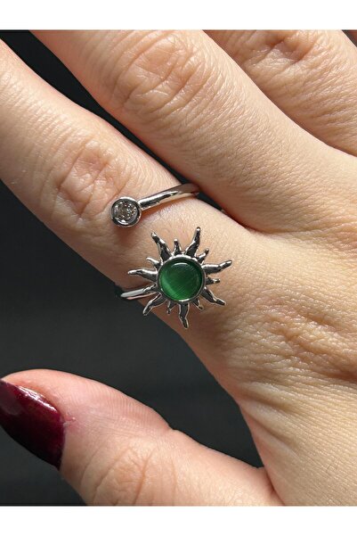 FY Ticaret Silver Color Green Natural Stone Sunlight Steel Stress Ring