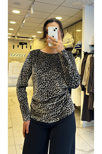 Vosse Ekol Siyah Leopar Desenli Kadife Bluz
