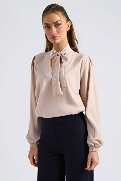armonika Women's Light Beige Collar Tie-Up Elastic Sleeve Blouse Arm-25K001096