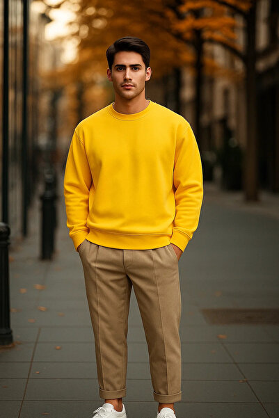 COMBİNE MİCHAİL Men's Casual Basic Yellow Loose Sweater