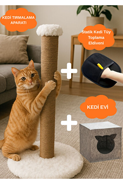 KAYHN KYHN🐾 3’lü Kedi Bakım Seti – Tırmalama Aparatı + Statik Tüy Toplama Eldiveni + Kedi Evi