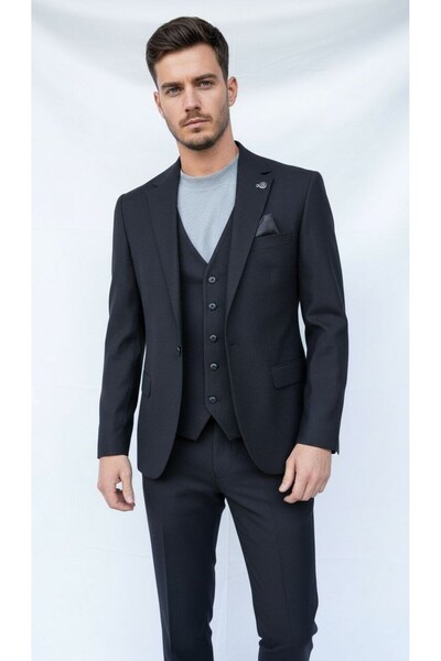 Plus Scorpion Black Corded Fabric Velvet Men's Suit – 3 Pieces Vest Set , Stylish and Modern Slim Fit Cut