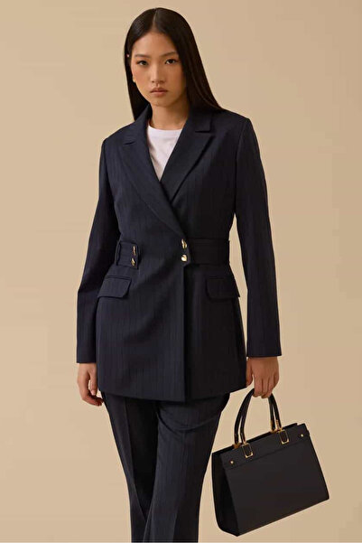 SEÇİL Women's Striped Double-Breasted Jacket - Navy Blue