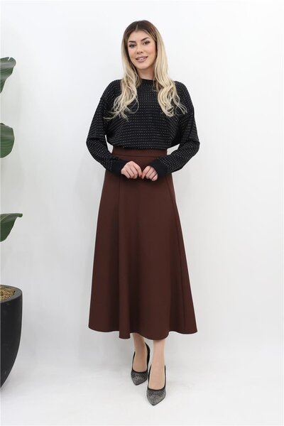 Puane Parça Geçişli Kloş Etek - Kahve