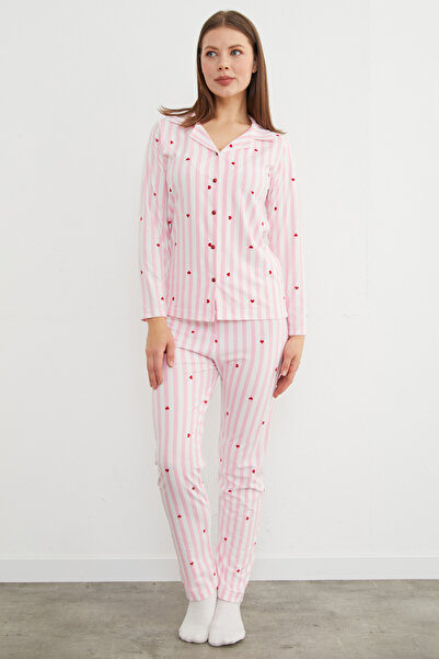 Fulla Moda Σετ πιτζάμες από σουέτ με ροζ ριγέ σχέδιο καρδιάς