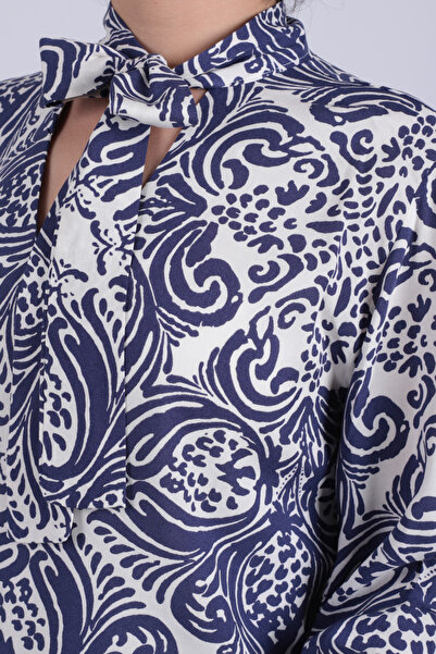 armonika Women's Navy Blue-White Tie-Collar Elastic Sleeve Blouse Arm-25K001096