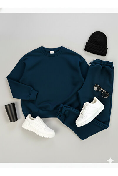 KVİNS Unisex Basic Σετ Φόρμας με Λαιμόκοψη Ποδηλάτου - Βαμβακερό Φούτερ Overs...