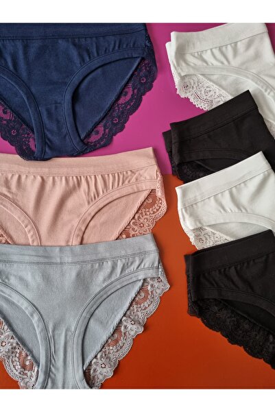 Demirsa Boutique Dantelli, Piped Detail Navy Blue, Powder, Blue, 2 White and 2 Black Colors 7-Piece Modal Women's Bikini Panties