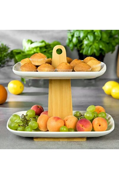 KASSEL Cake stand, snacks with 2 levels, porcelain platter and acacia wood,