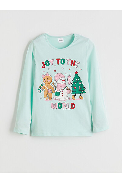 LC Waikiki Vizyon New Season Crew Neck Christmas Themed Girls' Pajama Top