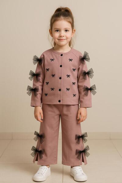 RAPAPA Girls' Dusty Rose Bow Double Suit – Long Sleeve Top and Pants 2575
