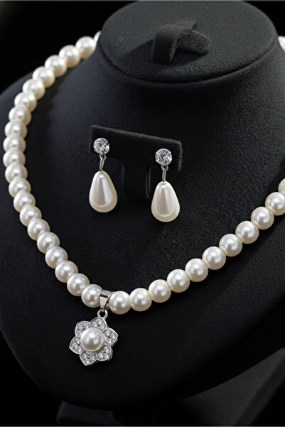 OSMANLI GÜMÜŞ Kadın İnci Kolye Küpe Set - Margaret Model Çiçek Motifli Kadın İnci Set