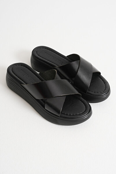 TRENDELLA Fayn Black Genuine Leather Slippers