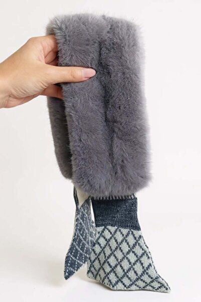 TAKIŞTIR Eșarfă de pluș pentru copii cu detaliu în dungi de culoare gri și albă