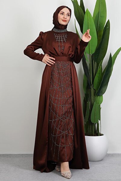 GİYZAMİLA İşlemeli Pelerinli Abiye Acı Kahve