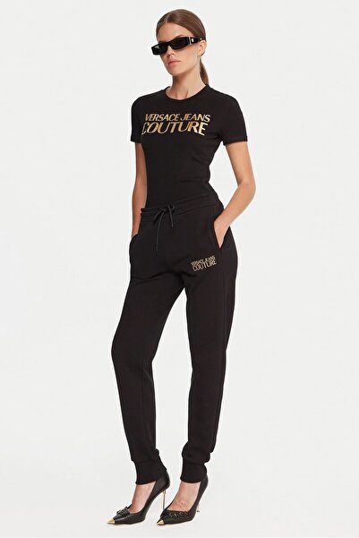 Versace Women's Regular Fit Embroidered Letter Logo Elasticated Cuffs Sweatpants - Black/Gold Yellow