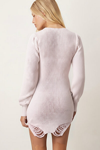 armonika Women's Ecru V-Neck Knit Dress with Slit Hem Arm-26K136008