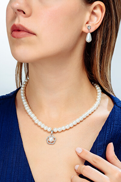 OSMANLI GÜMÜŞ Kadın İnci Kolye Küpe Set - Helena Model Çiçek Motifli Kadın İnci Set