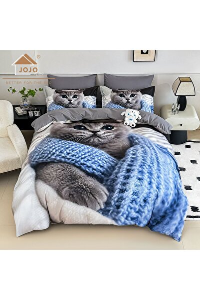 JOJO HOME Bedding set, 5D print, with elastic, 140x200cm, 4 pieces, Cat, Gray