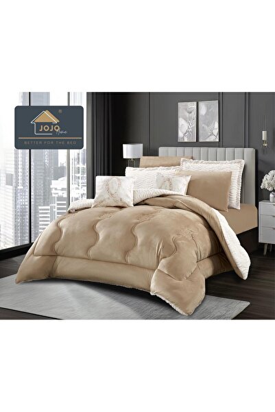 JOJO HOME Bedding set with elastic, with duvet included, faux rabbit fur, 6 pieces, Beige