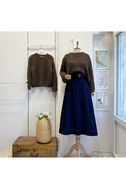Faya Boutique Süet Kemer Detaylı Lacivert Perline Kot Etek