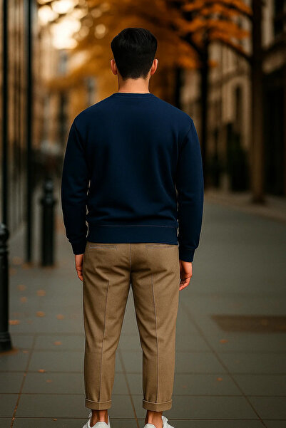 COMBİNE MİCHAİL Men's Casual Basic Navy Blue Loose Sweater