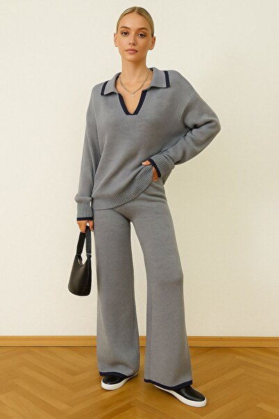 Fua Shop Γυναικείο Σετ Πλεκτό Πουκάμισο με Γιακά Πουλόβερ-Παντελόνι