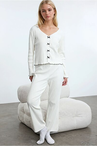 CARLA MARA Corded Fabric Knitted Pajama Sets with Cotton Lace and Bow Detail