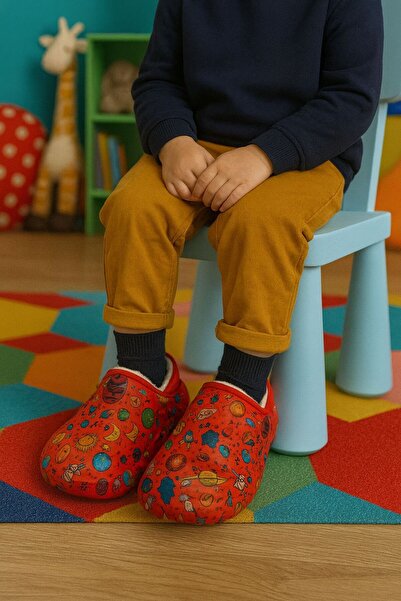 Arma House Peluş İçi Yünlü Kışlık Panduf Kırmızı Gezegen Desenli Çocuk Ev Ter...