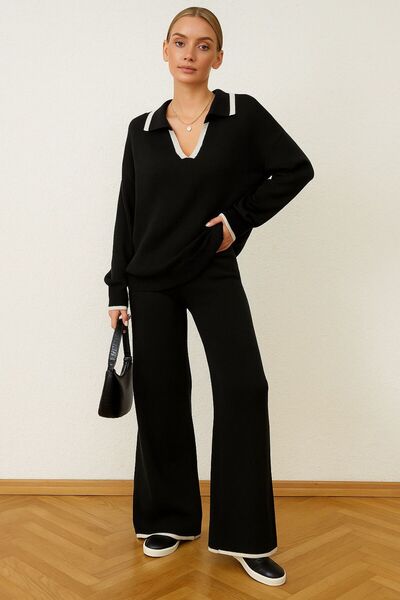 Fua Shop Women's Knitwear Shirt Collar Sweater-Pants Set