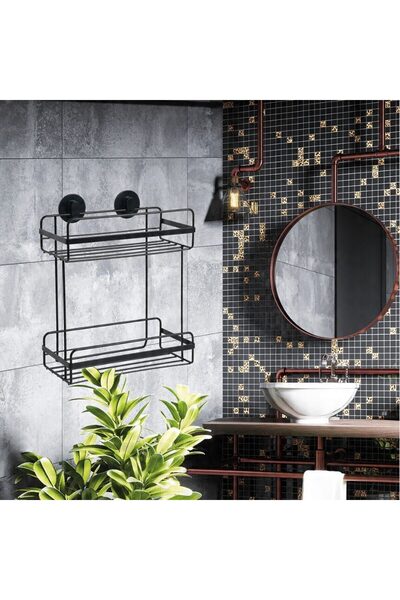 SEPIO Raft pentru baie cu doua polite, metalic, prindere pe perete, Negru,