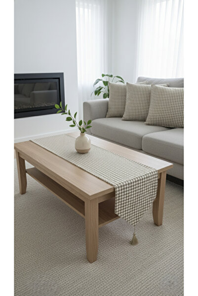 shopshop Milk Coffee Houndstooth Patterned Decorative 4-Piece Throw Pillow Cover and Tasseled Runner Cover Set 5 Pieces