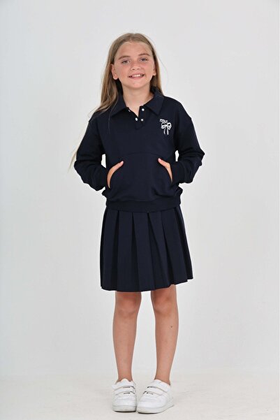 Toontoy Kız Çocuk 2'li Takım Baskılı Polo Yaka Çıtçıtlı Düşük Omuz Cepli Swea...