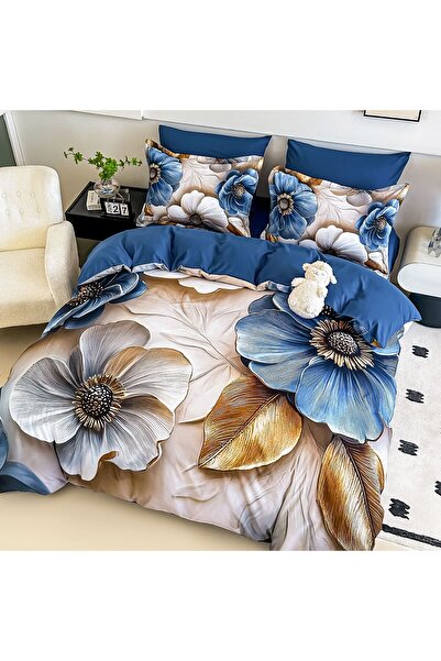 JOJO HOME Bedding set, 5D print, with elastic, 140x200cm, 4 pieces, Flowers, Navy blue