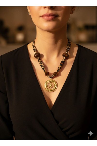 bettin tasarım Women's Leopard Patterned Fabric Gold Color Sun Detailed Model Steel Necklace