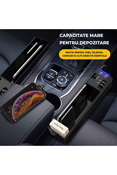 Timebox Car Organizer, Built-in USB-C/Lightning/Micro-USB, 2x USB, Console Mount, 12V, Black