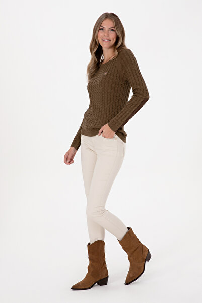 U.S. Polo Assn. Γυναικείο πουλόβερ με λαιμόκοψη χακί 50307728-VR027