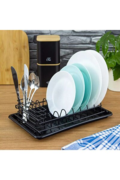 Kinghoff Suport pentru vase, cu tavita, otel-plastic, 38x24,5x9,5 cm,negru,