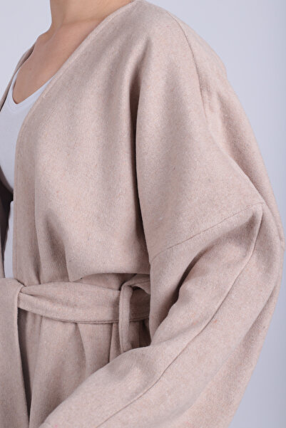 armonika Women's Beige V-Neck Belted Cashmere Kimono Arm-26K001049