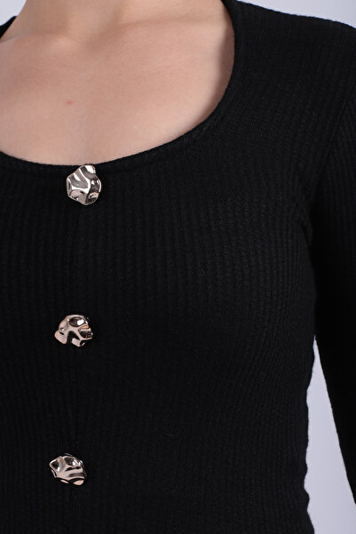 armonika Women's Black U Neck Button Detailed Front Slit Soft Textured Blouse Arm-26K001038