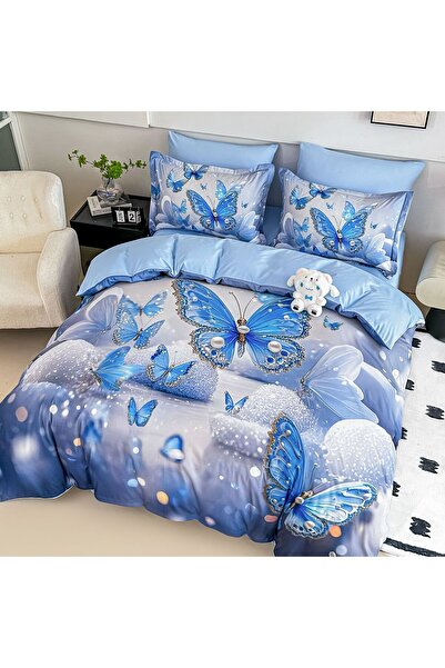 JOJO HOME Bedding set, 5D print, with elastic, 140x200cm, 4 pieces, Butterflies, Blue