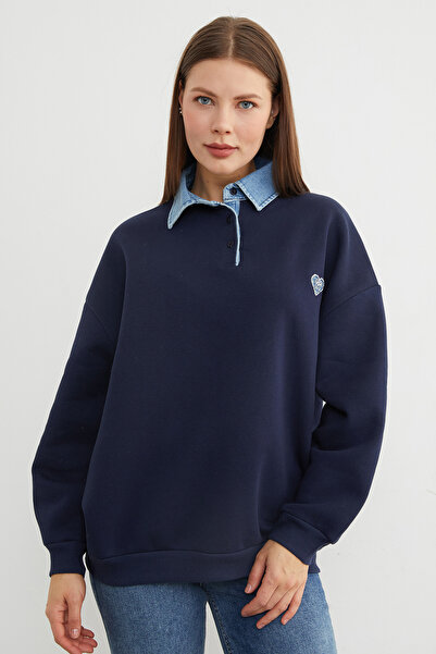 Fulla Moda 3-ниткова вишивка у вигляді серця, поло з коміром, джинсові деталі, світшот