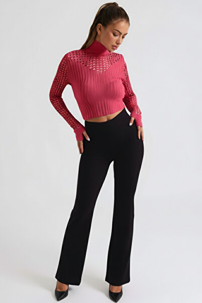 armonika Women's Black High Waist Flared Fabric Trousers Arm-26K136078