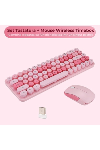 Timebox Wireless Keyboard & Mouse Set 2.4G, 1200 DPI, Retro Round Keys, 68-Key, Silent, Laptop/PC, Pink